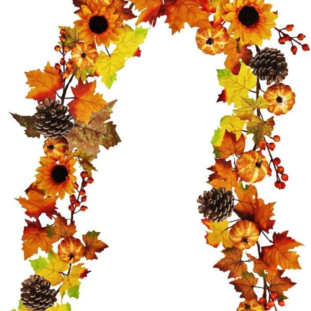 Fake Fall Maple Leaf Garland Hanging Vine- 6 Feet - Artificial Berries Sunflower